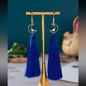 💙 Awesome Boho Crescent Moon Star Threaded Tassel Drop Earrings 🌙